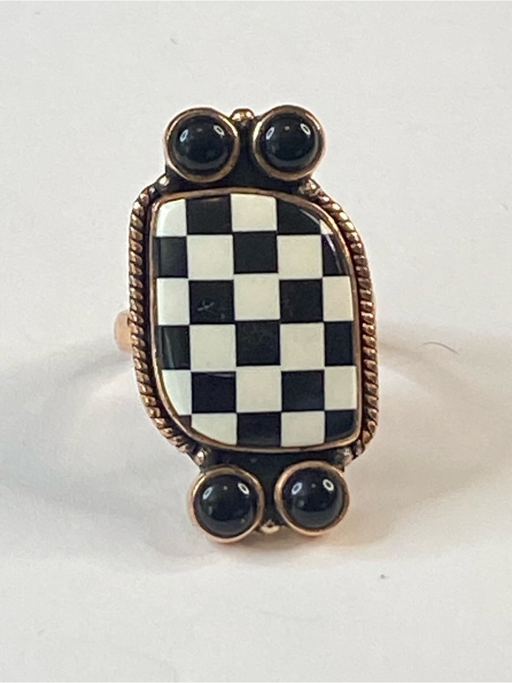 Solid Copper Black Onyx Checkerboard Adjustable Ring Southwest Jewelry